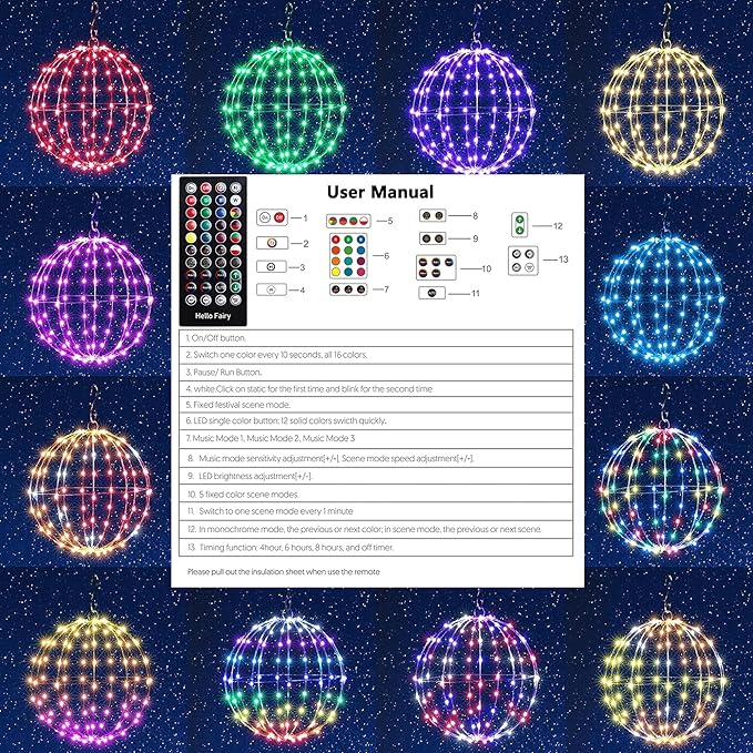 Joomer Smart RGB Christmas Hanging Ball Lights, 12in 108 LED Foldable Color Changing Xmas Light, App and Remote Control, Waterproof Outdoor Fairy Globe Lights for Christmas Decor (Non-Connectable)