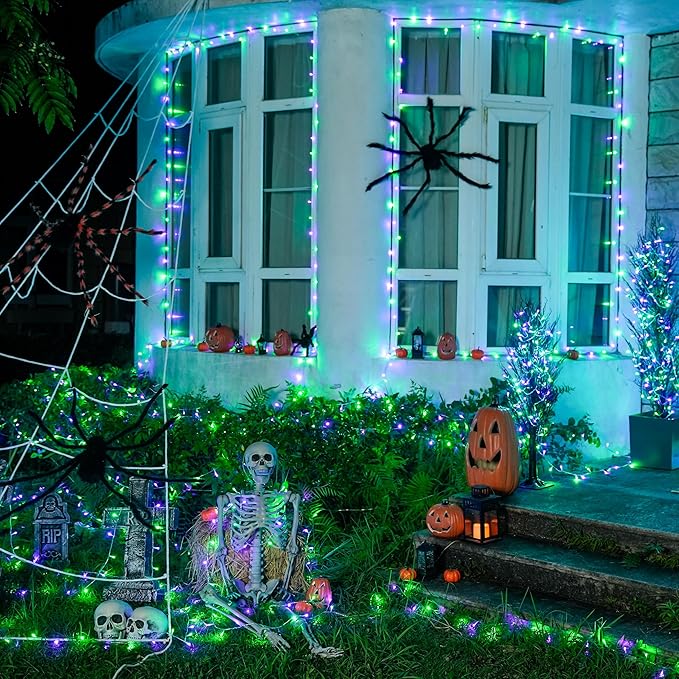 JMEXSUSS 2 Pack Purple and Green Halloween Lights, Total 200 LED 8 Modes Halloween String Lights Plug in, Each 33ft Connectable Christmas Lights Indoor Outdoor for Tree Porch Fireplace Decor