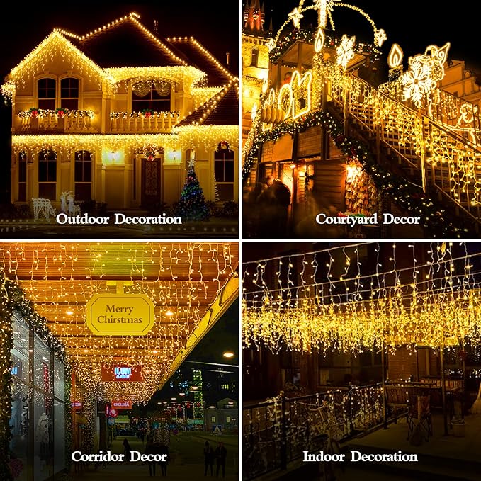 98FT 960 LED Christmas Lights, Waterproof 8 Modes Ice Lights for Outside with Memory and Timer Hanging Fairy Lights Plug-in Curtain String Lights for Holiday Party Wedding Home (Warm White)