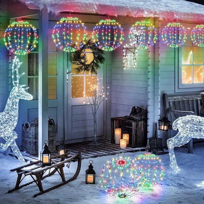 Joomer 2 Pack Christmas Big Ball Lights, 20IN & 18IN Foldable Metal Sphere Lights Waterproof with Timer, Plug-in Hanging Tree Globe Light for Christmas Decorations-Multicolor (Non-connectable)