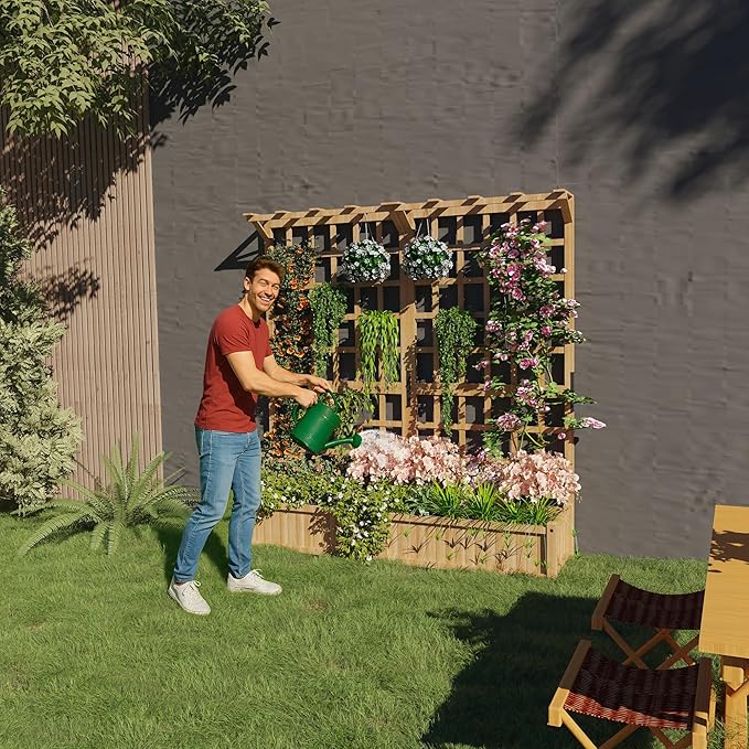 2 Tiers Wood Planter Box & Trellis, 44.4'' x 16.2'' x 63'' Outdoor Elevated Bed, Wooden Garden Bedding Hanging Roof with Climbing Trellis for Garden, Balcony, Yard, Patio (8 single Drainage Holes)