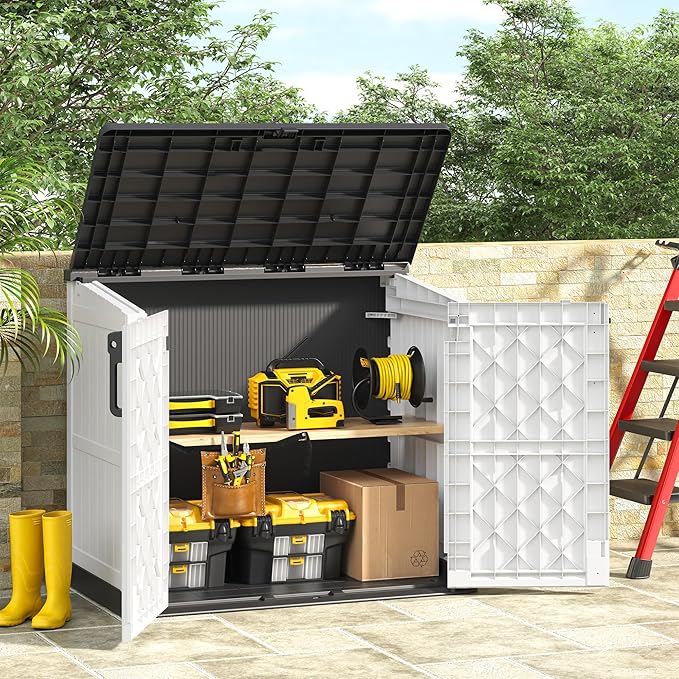 Horizontal Storage Shed, Outdoor Resin Storage Shed 36 Cu. Ft. Garden Extra Large Capacity Weather Resistant Storage Box, Lockable Waterproof Shed for Garden Tools
