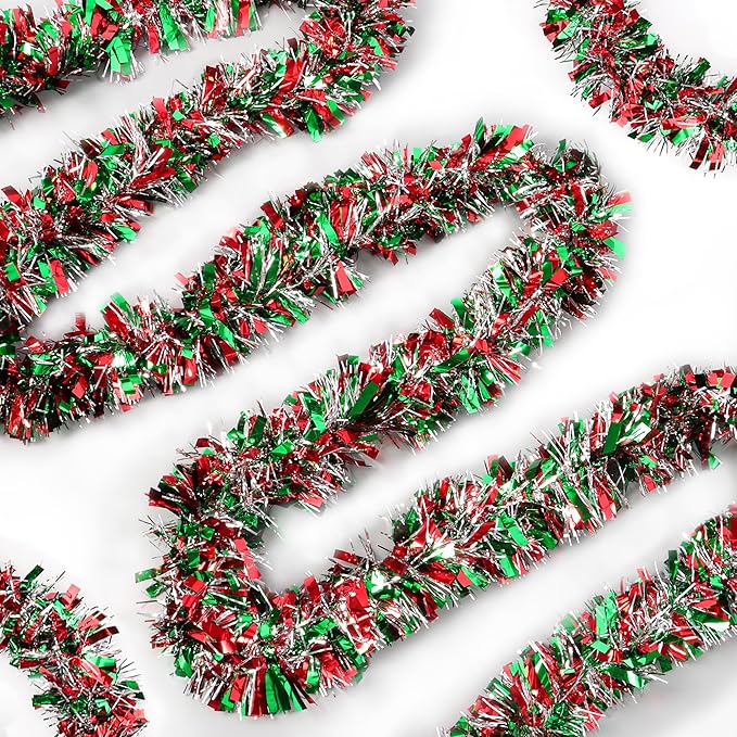 50FT Red Green Silver Christmas Tinsel Garland Metallic Twist Shiny Decorations for Christmas Tree Mantle Stair Indoor Outdoor Party Supplies