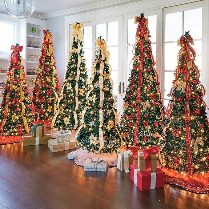 BrylaneHome 7.5 Ft Fully Decorated Pre-Lit Pop-Up Christmas Tree with 450 Warm Lights & Included Stand, Collapsible, Easy Assembly - Plaid