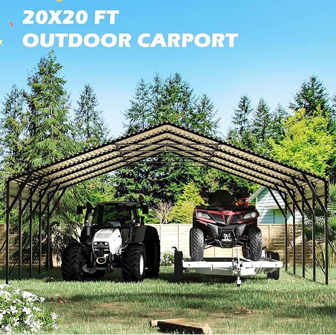 20x20 Carport Heavy Duty, Metal Carport with Galvanized Steel Roof, Metal Car Garage Multi-Use Shelter Outdoor Portable for Car, Boat, Pickup and Tractor