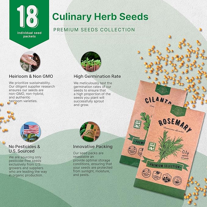Organo Republic 18 Culinary Herbs Seeds Variety Pack - 10,180+ Heirloom, Non-GMO, Herbs Seeds for Outdoor and Indoor Home Gardening, Including Rosemary, Thyme, Oregano, Mint, Basil, Parsley