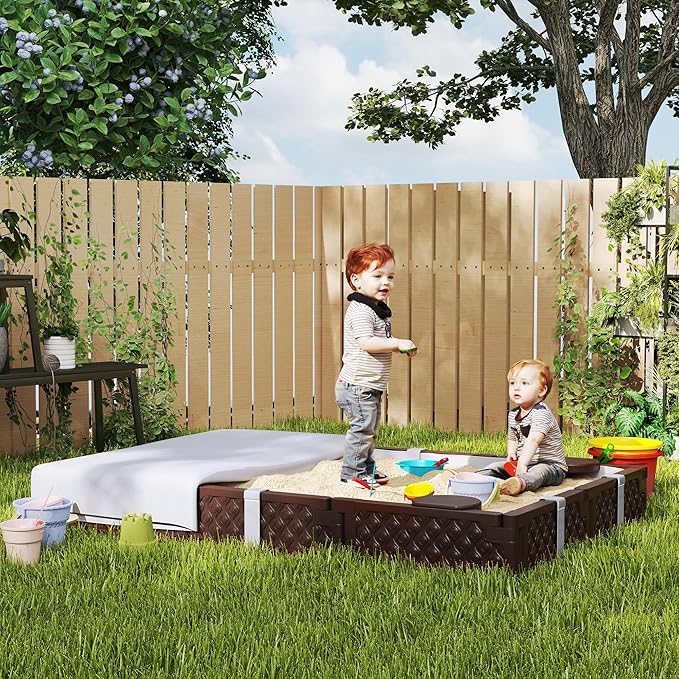 Qaba Kids Sandbox with Cover, Rectangular 73 HDPE Large Sand Pit with 4 Seats, Waterproof Bottom Liner, Weather Resistant Outdoor Sand Box for Backyard, Lawn, Garden, Beach, Patio, Brown