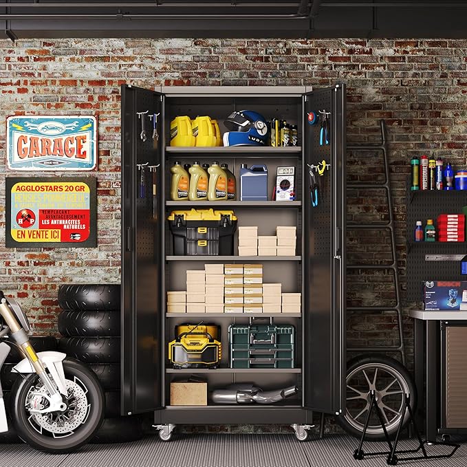 Aobabo Upgrade 71H''*32''W*16''D Metal Garage Storage Cabinet with Wheels and Pegboards, 5 Adjustable Shelves Steel Storage Cabinets for Home,Warehouse,Garage,Assembly Required,Black