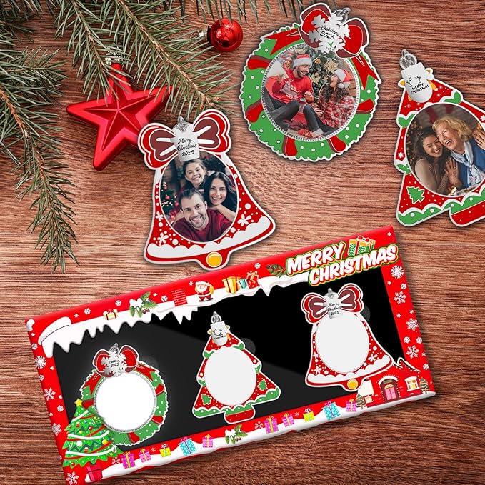 MGparty 3 Pack Christmas Picture Frame Ornaments Xmas Metal Hanging Photo Frame with Pendants 2025 Holiday Keepsake Gifts Christmas Tree Decorations