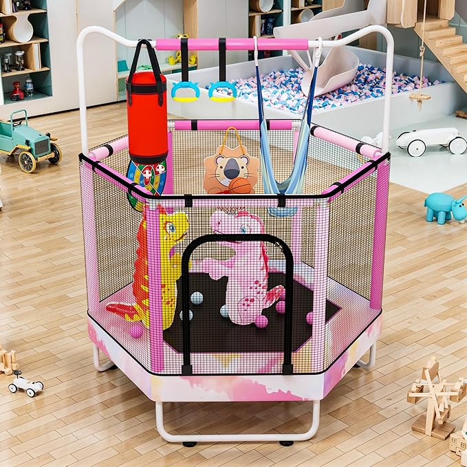 LAMERGE 55" 7-in-1 Round Trampoline for Kids Boys & Girls Ages 1-8, Indoor & Outdoor Trampoline for Fun, Adjustable Height Handrail ๏ผ Enclosed Safety Net ๏ผ Durable Designs for Toddlers Children
