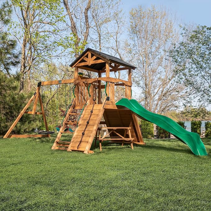 Backyard Discovery Endeavor II Cedar Wood Swing Set with Wave Slide, Play Deck, Double Rock Wall, Picnic Table, Climbing Wall, Belt Swings, Web Swing, Toy Telescope, Step Ladder, Outdoor Playset