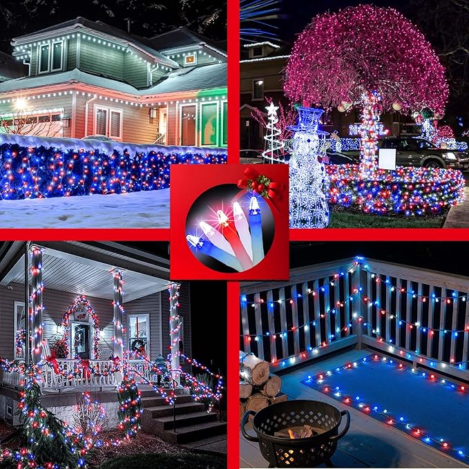750 LED Chrstmas Lights, 240ft Outdoor Christmas String Lights with 12 Modes, Red White and Blue LED String Lights with Timer Dimmable Waterproof for Tree Fence Garden Xmas Wedding Party Decor