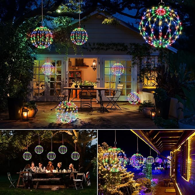 Joomer 2 Pack Christmas Ball Lights, 13IN & 11IN Foldable Metal Sphere Light, Connectable Waterproof 8 Modes with Timer, Hanging Tree Globe Lights for Holiday Christmas Decorations (Multicolor)