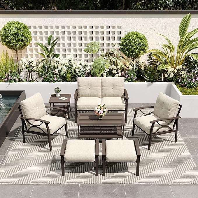 7-Piece Outdoor Patio Furniture Set, Outdoor Metal Sectional Furniture with Cushions, Outdoor Conversation Seating Set with Side Table for Garden, Balcony, Deck, Backyard, Khaki