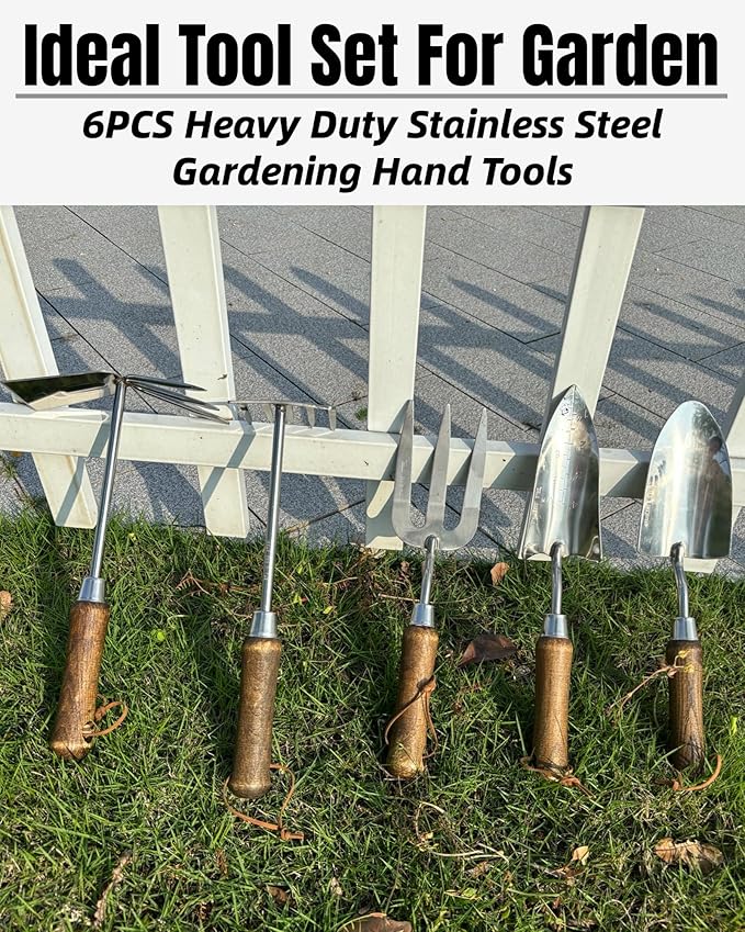 Garden Tool Set, 6PCS Heavy Duty Stainless Steel Gardening Hand Tools with Ropes, Includes Hand Cultivator Shovel Trowel Transplanter 2-in-1 Hoe Pruner, Ideal Gardening Gifts for Women Men (Standard)