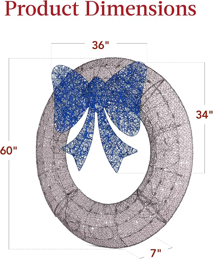 Best Choice Products 60in Pre-Lit Outdoor Christmas Wreath Decoration, LED Metal Holiday Decor for Home Exterior, Garden w/ 206 Lights, Bow - Hanukkah Silver/Blue