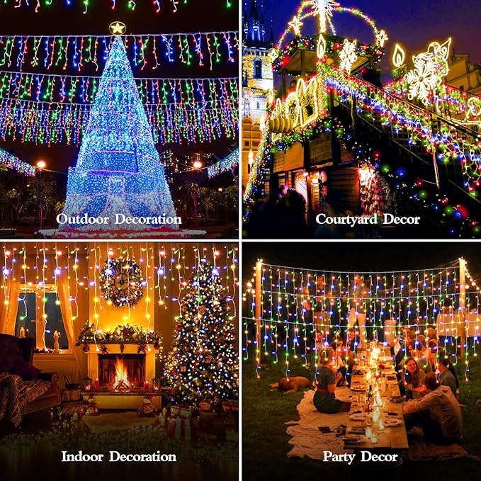 480 LED 49FT Christmas Lights Plug in 8 Modes with Timer Dimmable Ice Lights Outdoor Waterproof Indoor Ice String Lights for Roof Porch Garden Holiday Wedding Xmas Decor (Multicolor)