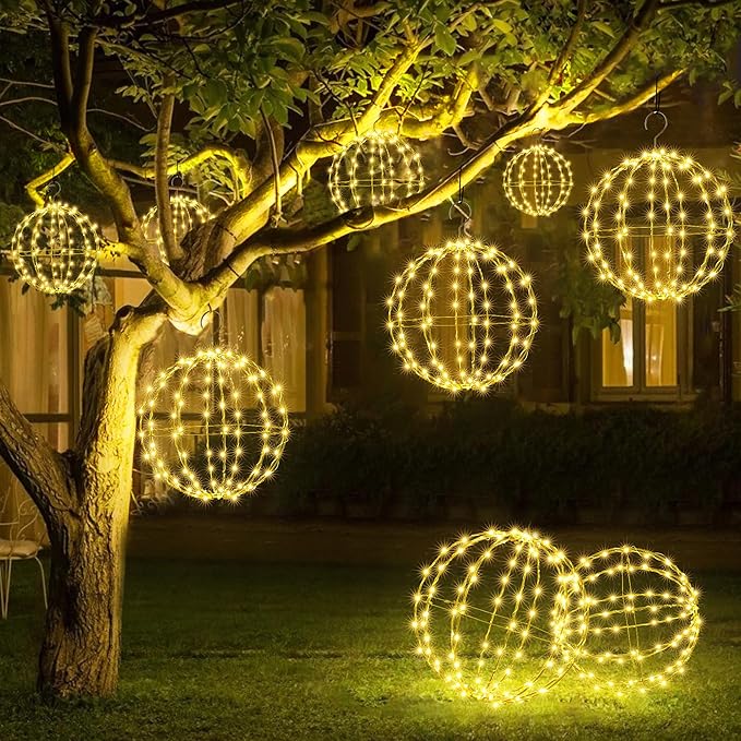 Joomer Battery Operated Ball Lights 2Pack, 13IN & 11IN 120 LED Foldable Metal Sphere Lights, Waterproof 8 Lighting Modes with Timer Function, Hanging Light for Christmas Decorations (Warm White)