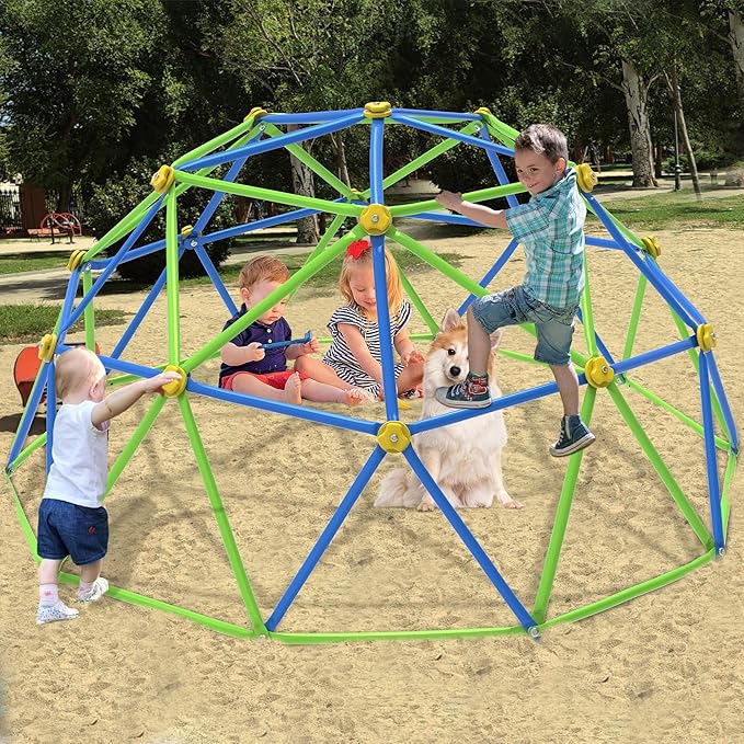 GVDV 10FT Climbing Dome with Hammock, Outdoor Jungle Gym for Kids, Geometric Dome Climber Supporting 880 Lbs Anti-Rust Metal Outdoor Play Structure ASTM Approved Blue & Green