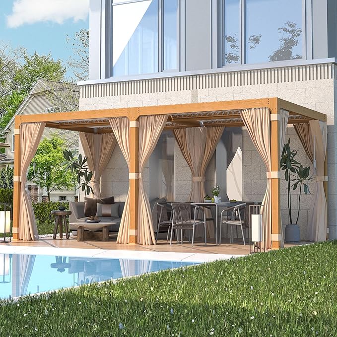 EROMMY Louvered Pergola 10' x 20' Outdoor Hard Top Gazebo with Wooden Grain Aluminum Frame and Adjustable Metal Rainproof Roof for Garden & Patio, Curtains and Netting Included, Wood Grain