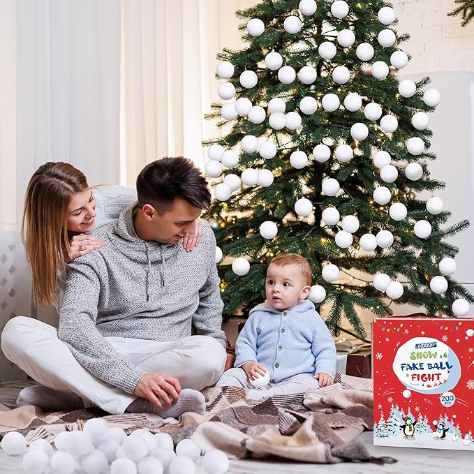 Fovths 200 Pack Snow Toy Ball for Kids 2 Inch Artificial Snow Fight Ball Set Realistic Fake Snow Toss Ball Set for Indoor & Outdoor Snow Fight Christmas Tree Decoration and Winter Family Toss Games