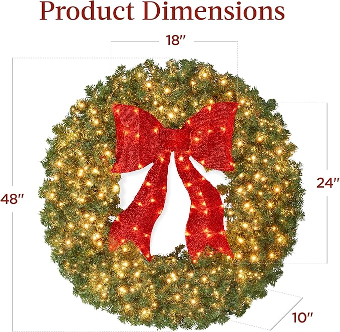 Best Choice Products 48in Large Artificial Pre-Lit Fir Christmas Wreath Holiday Accent Decoration for Door, Mantel w/Red Lighted Bow, 250 LED Lights, 714 PVC Tips, Power Plug-in