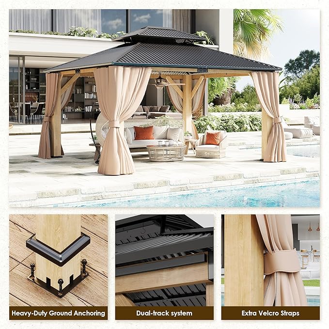 13‘x15’ Outdoor Wood Gazebo, Wooden Pavilion with Double Galvanized Steel Roof, Hardtop Gazebo with Natural Wood Frame, Curtains & Netting for Patio, Garden, Lawn, Deck, Backyard (13'x15')