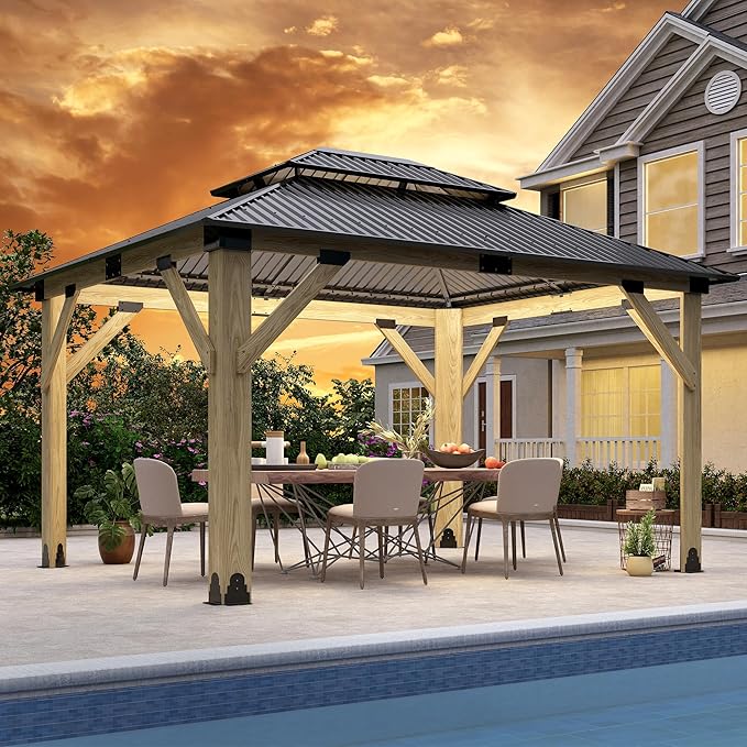 11'x13' Wood Gazebo,Outdoor Hardtop Gazebo with Galvanized Steel Doule Roof, Wooden Frame Gazebos for Patio Backyard Deck