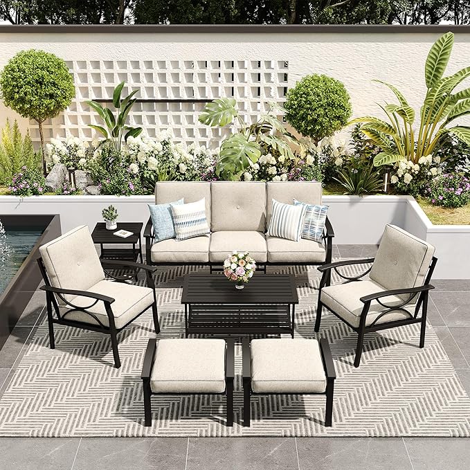 7-Piece Outdoor Patio Furniture Set, Outdoor Metal Sectional Furniture with Cushions, Outdoor Conversation Seating Set with Side Table for Backyard, Garden, Balcony, Deck, Black