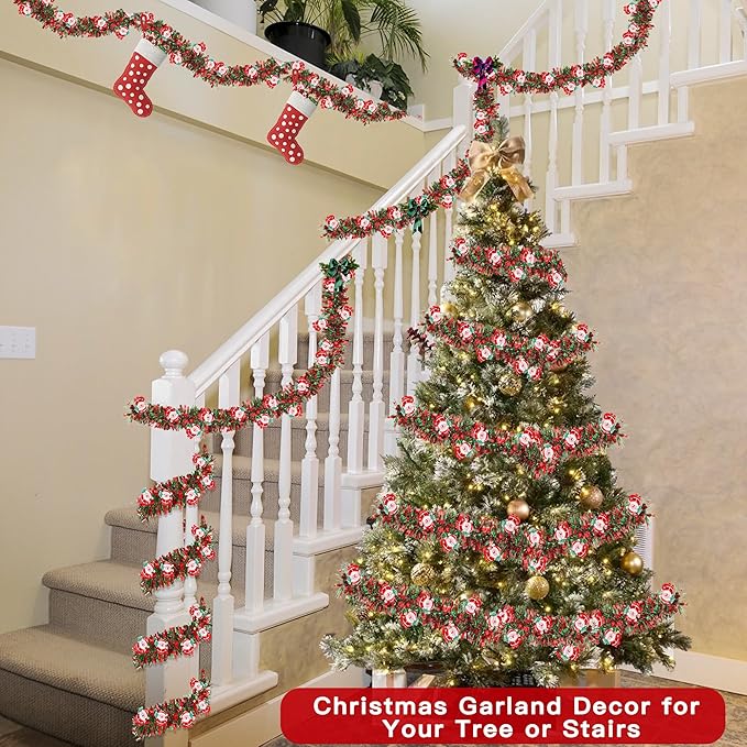 50FT Red Green Christmas Tinsel Garland with Santa Claus Ornaments, Metallic Xmas Christmas Tree Garland Decorations Indoor Outdoor for Home Fireplace Mantle Stair Office Classroom Party Holiday Decor