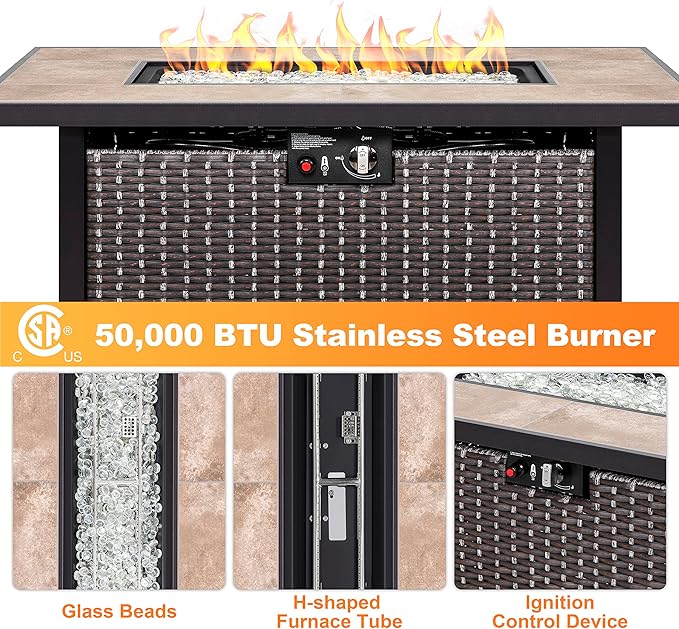 Nuu Garden 43 Inch Outdoor Propane Fire Pit Table 50000 BTU, Patio Gas Fire Pit with Ceramic Tabletop, Weather-Resistant Backyard Fire Table with Oxford Cover, Dark Brown and Coffe