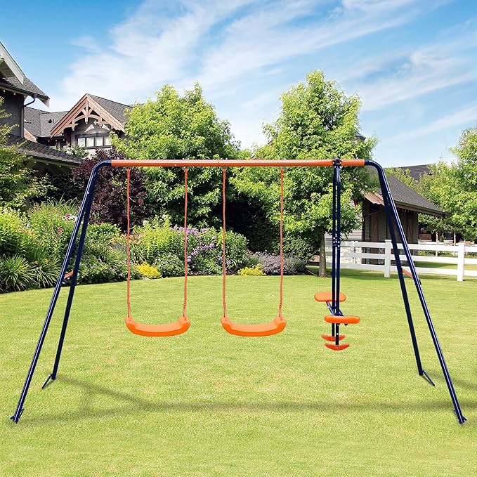 Outdoor Swing Sets for Backyard, 440lbs Load Capacity Swing Stand with 2 Seats and 1 Glider, Heavy Duty A-Frame Metal Outdoor Swing Set for Kids