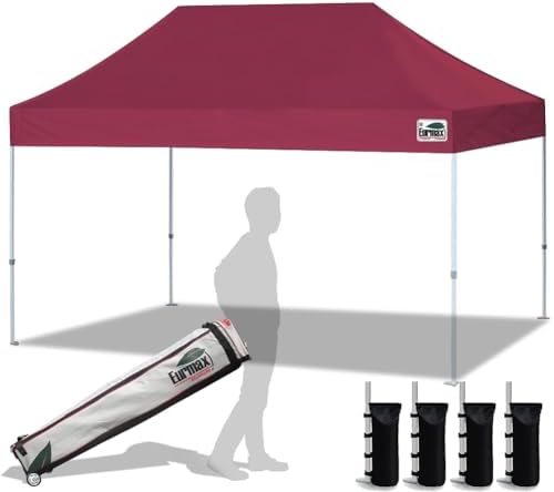 Eurmax USA Standard 10'x15' Patio Pop Up Canopy Tent Commercial Instant Canopies with Heavy Duty Roller Bag,Bonus 4 Sand Weights Bags (Burgundy)