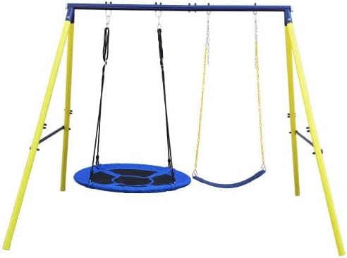 A-Frame Metal Swing Set Outdoor Backyard Playground Swing Set for Kids, Two Seats Swing Set, Blue, HK-S014