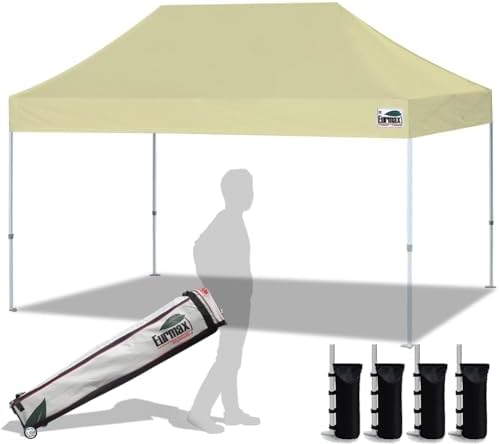 Eurmax USA Standard 10'x15' Patio Pop Up Canopy Tent Commercial Instant Canopies with Heavy Duty Roller Bag,Bonus 4 Sand Weights Bags (Beige)