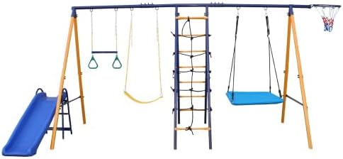 7 in 1 Swing Set for Kids Backyard Outdoor A-Frame Heavy-Duty Metal Swing Sets with Slide, 2 Swing Seats, 1 Climbing Net & Ladder, 1 Gym Ring, 1 Basket, Blue, HK-S026-A