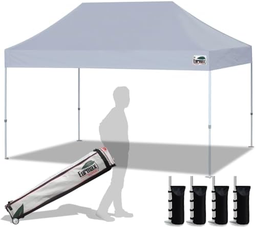 Eurmax USA Standard 10'x15' Patio Pop Up Canopy Tent Commercial Instant Canopies with Heavy Duty Roller Bag,Bonus 4 Sand Weights Bags (Grey)