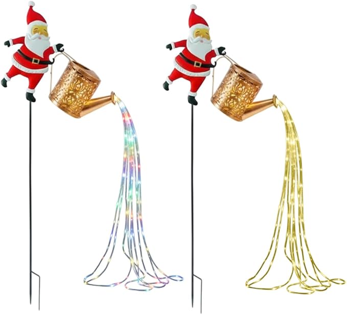 Christmas Santa Solar Kettle Lights Garden Lawn Decorative Lights, Hanging Metal Solar Santa Claus Watering Can Light for Outdoor, Xmas Yard Decor Lamp Vintage Lantern for Patio Path (Mix)