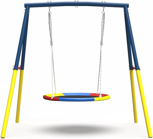 440lbs Saucer Swing with Frame for Kids Outdoor, Heavy Duty Metal Swing Set & 38" Saucer for Playground, Outdoor for Kids - Backyard Playset, Adjustable Ropes (Blue)