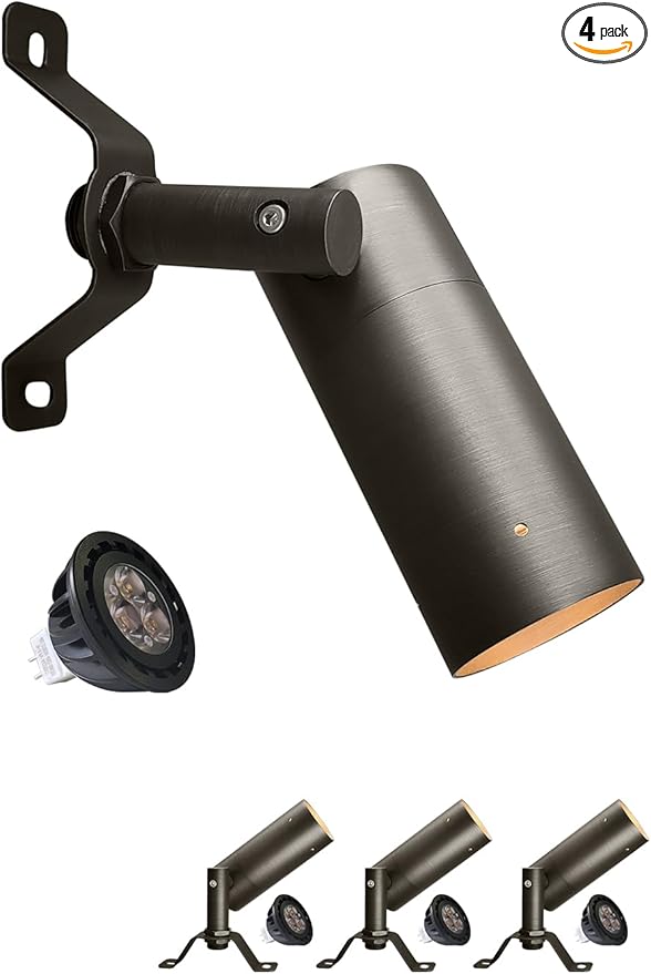 MALORY Brass Landscape Spot Down Light, Low Voltage Led Downlights Tree Light Outdoor Landscape Lighting for Yard, Garden, Lawn, Wall, Patio with 5W MR16 LED Bulb 2700K Warm White（4 Pack）