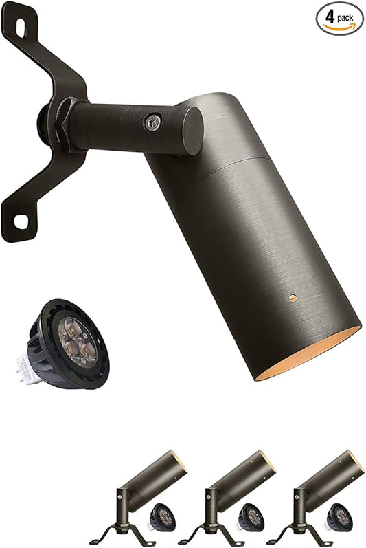 MALORY Brass Landscape Spot Down Light, Low Voltage Led Downlights Tree Light Outdoor Landscape Lighting for Yard, Garden, Lawn, Wall, Patio with 5W MR16 LED Bulb 2700K Warm White（4 Pack）
