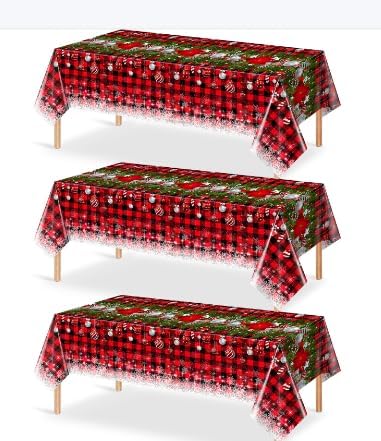 3Pcs Christmas Buffalo Plaid Snowflake Tablecloths,Plastic Red and Black Checkered Rectangle Christmas Tree Color Ball Table Cover for Winter Xmas New Year Holiday Party Decorations,54x108 inch