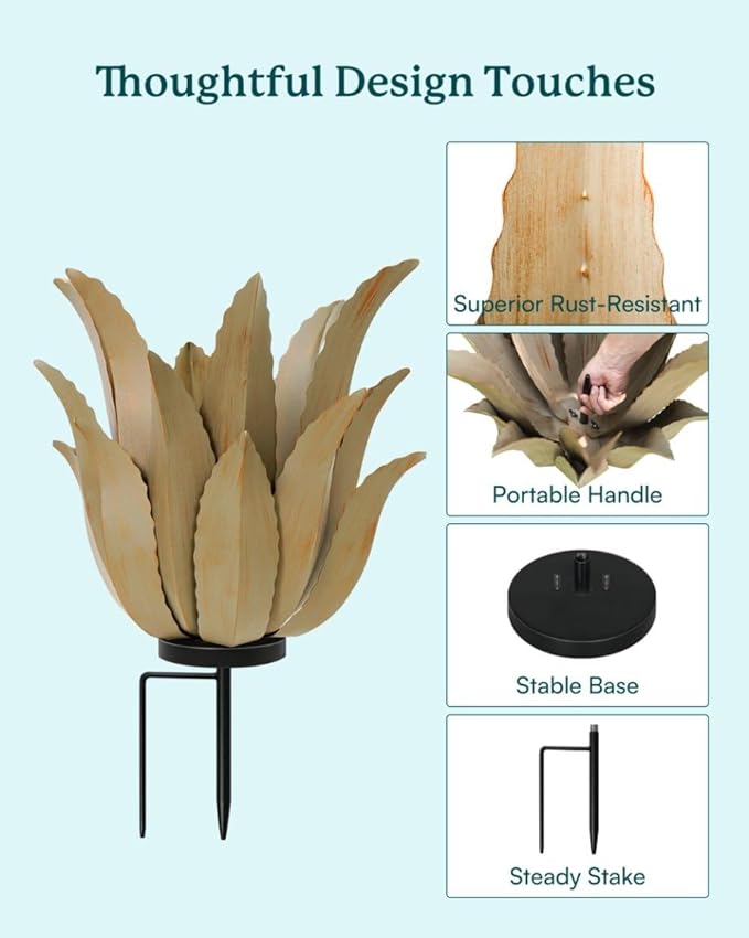 Metal Agave Plant Outdoor Decor - 25.5" H Large Hand Painted Desert Themed Garden Sculpture, Weather Resistant Rustic Yard Art for Lawn Patio, Unique Ornament Gift for Home & Garden