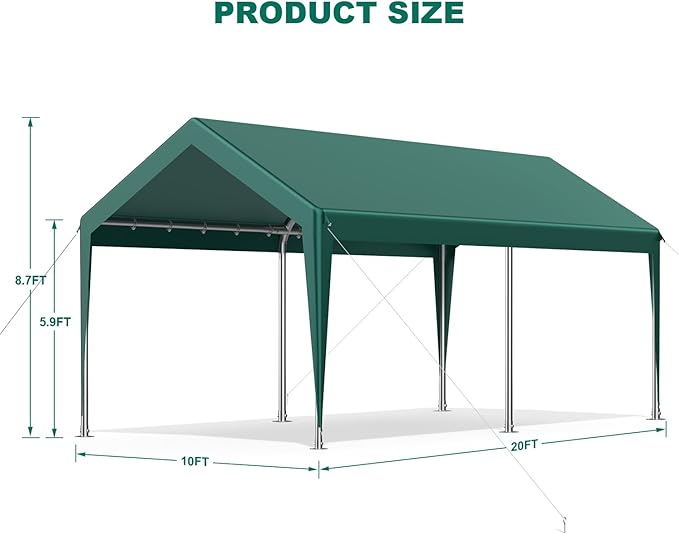 12x20FT Heavy Duty Carport, Portable Car Canopy Garage Boat Shelter Party Tent, UV Resistant Waterproof Carport Canopy with Four Wind-Resistant Ropes, Green