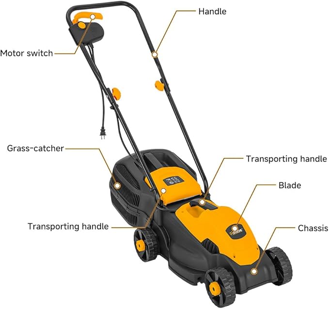Hoteche 10-Amp Corded Electric Lawn Mower - 12.6 Inch Cutting Width, 30L Grass Bag, 3 Height Adjustments (1-2.2), Lightweight Walk-Behind Mower for Small/Medium Lawns (Easy Push Design)