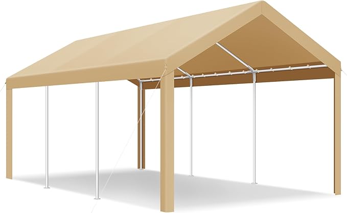 COBIZI Carports 10x20 Heavy Duty Canopy Car Garage with Windproof Ropes & Built-in Sandbags, Car Port Canopy Tent Waterproof & UV Protected for Car Boat Truck, Khaki