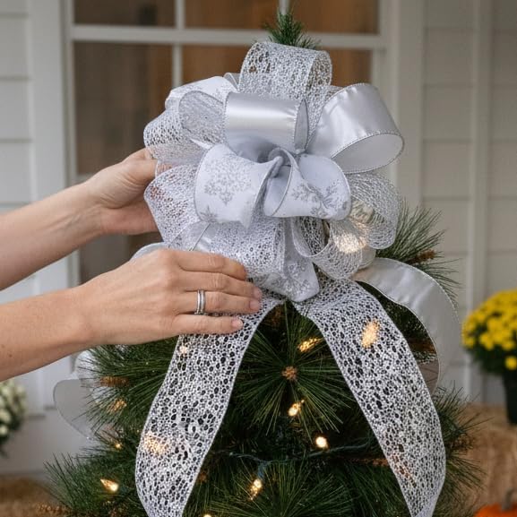 CT CRAFT LLC Sliver Snowflake Christmas Tree Topper Bow 11" with 4 Ribbon Streamers x 3 Yards Long Each for Holidy Elegant Fancy Home Décor Indoor