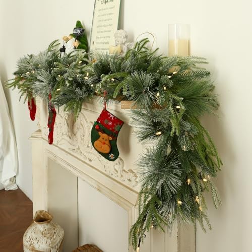 Joyhalo 6ft Flocked Christmas Garland Decorations with Lights Battery Operated Outdoor Prelit Garland for Mantle, Lighted Christmas Garland Indoor for Stairs Railing Fireplace