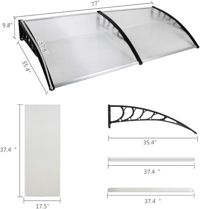 Window Awning Door Canopy Exterior- 38" x 80" Aluminum Door Awning, Polycarbonate Cover Patio Canopy Awning for House, Outside, Rain Snow & UV Resistant (Clear Board & Black Bracket)
