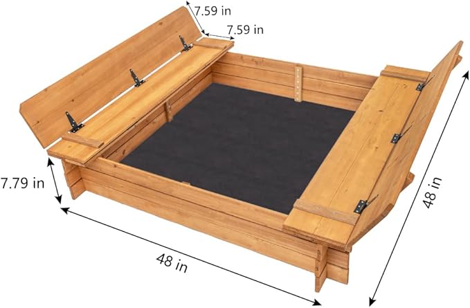 BIRASIL Wood Sandbox with 2 Bench Seats, Sand Boxes with Lid for Kids, Sand Pit with Cover for Outdoor Backyard Patio, 48 Inch